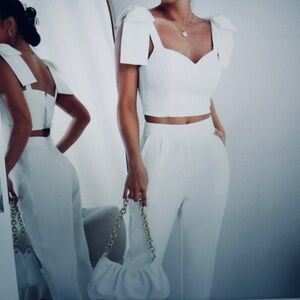 Knot Shoulder top & Pants 2pc white sz